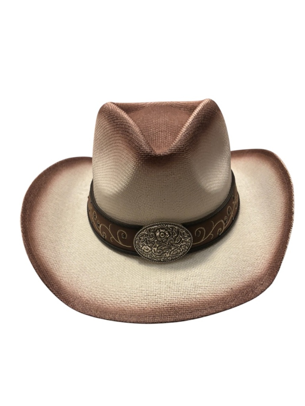 Western Straw Cowboy Hat with Decorative Band - Brown/Beige